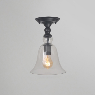Nautical Barn/Bell/Cone Flushmount Light Single-Bulb Clear Glass Semi Flush Ceiling Light in Black-Brass