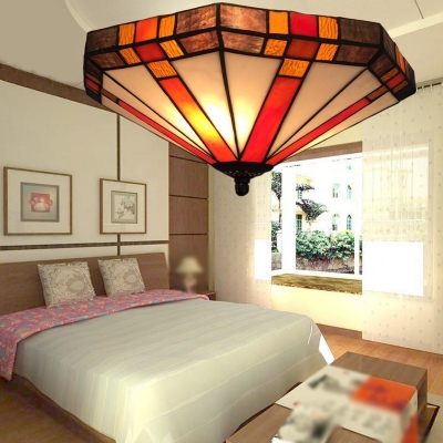 Orange Single Ceiling Light Fixture Mission Handcrafted Stained Glass Tapered Flush Mount Lamp