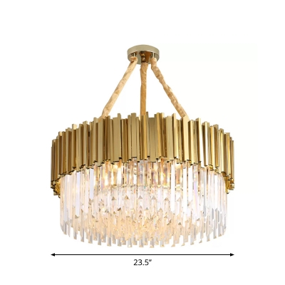 Oval/Drum K9 Crystal Rod Pendant Light Post-Modern Living Room LED Chandelier Lamp in Gold, 19.5