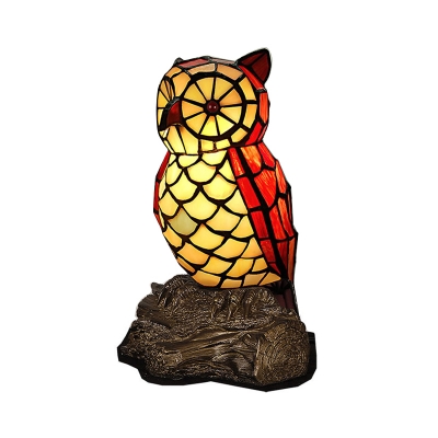 Red Owl Night Stand Lamp Tiffany 1-Light Handcrafted Stained Glass Table Light for Bedroom