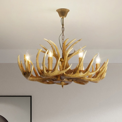 Resin Deer Horn Shaped Drop Lamp Lodge Style 8/9/12 Lights Bedroom Chandelier Lighting in White/Yellow