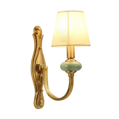 Retro Cone Shade Wall Light Single-Bulb Fabric Wall Mounted Lamp with Curved Arm in Gold