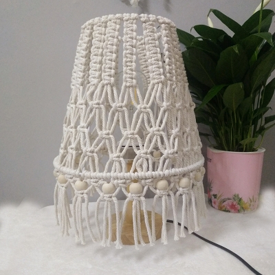Roped Cone Night Lamp Bohemian 1 Head Bedroom Table Light in Yellow with Wood Base