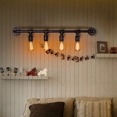 Rust Straight Pipe Wall Light Kit Industrial Iron 2/4/6-Light Living Room Wall Mounted Lamp Fixture