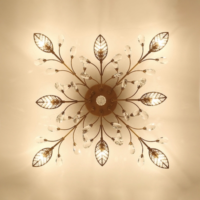 Rustic Flower Branch Ceiling Lamp 6/8/15-Head Iron Semi Flush Mount Light in Black/Gold with Crystal Accent