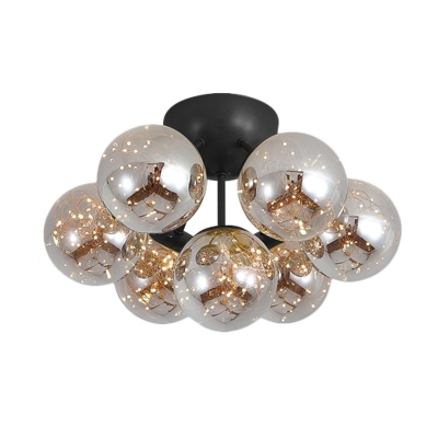 Smokey Grey Glass Bubble Ceiling Lighting Modern 7/11 Bulbs Black/Gold LED Flush Mount Light with Starry Effect