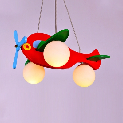 Wooden Helicopter Pendant Lighting Cartoon 3-Bulb White/Red Chandelier Lamp with Ball Milk Glass Shade