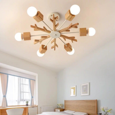 Wooden Snowflake Flush Ceiling Light Nordic 3/6/8 Bulbs White Semi Flush Mount with Open Bulb Design