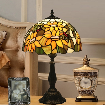 Yellow Sunflower and Butterfly Night Lamp Tiffany 1 Bulb Stained Art Glass Table Light