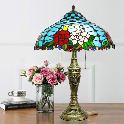 3-Head Pull Chain Nightstand Light Tiffany Jeweled Stained Glass Table Lamp in Blue