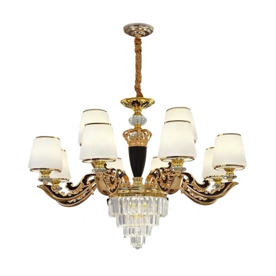 Antique Tapered Shaped Hanging Light White Glass Chandelier with Crystal and Gold Arm