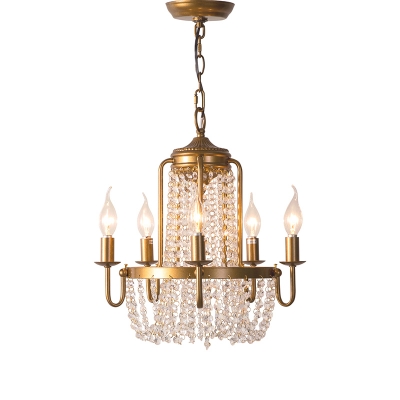 Antiqued Gold Pendant Lamp Traditional Metal Candle Chandelier with Octagon Crystal Drape