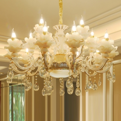 Candelabra Jade Chandelier Classic Bedroom Ceiling Lighting with Crystal Accents in Gold