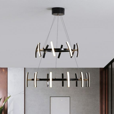 Circular Adjustable Chandelier Lamp Minimalist Acrylic 8/12/16 Heads Living Room LED Pendant Light Fixture in Black