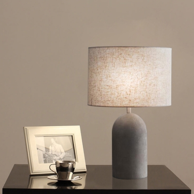 Elongated Dome Cement Night Light Minimalist Single Grey Table Lamp with Cylinder Fabric Shade