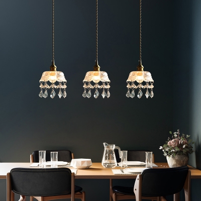 Floral Dining Room Suspension Light Nordic Clear Glass Single Brass Pendant Light Fixture with Crystal Drip
