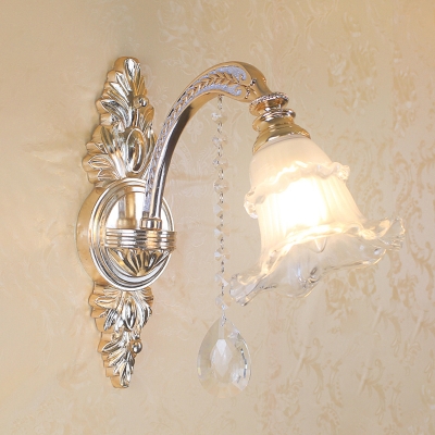 Frosted Glass Gold Wall Lamp Floral Traditional Sconce Lighting with Crystal Ornament