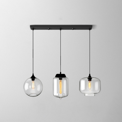 Geometric Dining Table Multi-Light Pendant Industrial Clear Glass 3-Head Black Hanging Lamp