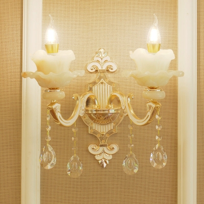 Lotus Shaped Jade Wall Lamp Fixture Retro Hallway Wall Sconce in Gold with K9 Crystal