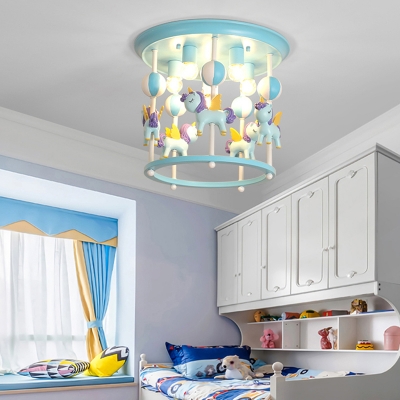 Merry-Go-Round Ceiling Mount Lamp Cartoon Resin 6-Bulb Bedroom Flush Light Fixture
