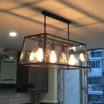 Minimalist Trapezoid Island Light 4-Bulb Clear Glass Hanging Pendant Light in Black