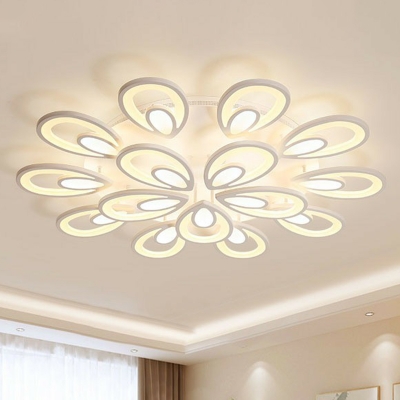 Modern LED Ceiling Flush Mount White Peacock Tail Feather Semi Flush Light with Acrylic Shade