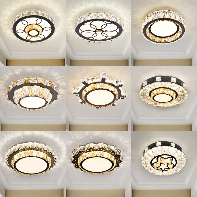 Round LED Ceiling Light Fixture Modern Clear Crystal Corridor Flushmount in Stainless Steel