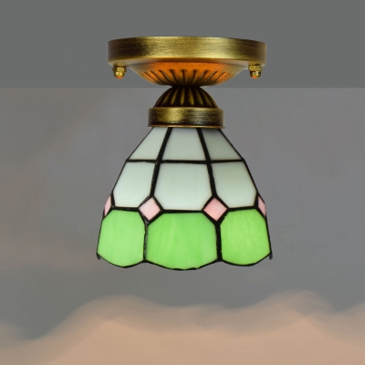 Single Semi-Flush Mount Tiffany Geometric Stained Glass Close to Ceiling Light Fixture
