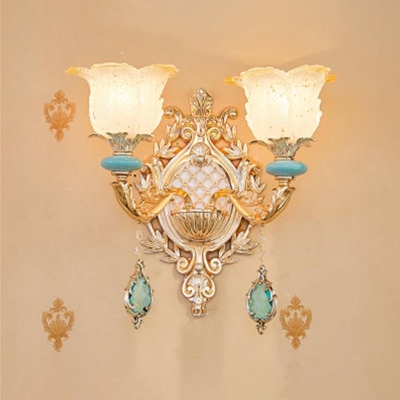Traditional Flower Wall Lighting Carved Glass Sconce Lamp with K9 Crystal in Gold