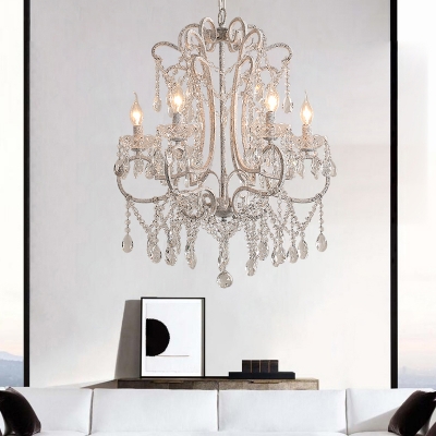 White Candelabra Chandelier Light Victoria Crystal Living Room Hanging Lamp with Scroll Frame
