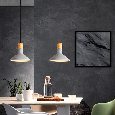 1-Head Dining Table Ceiling Light Nordic Grey and Wood Pendant with Cone Concrete Shade