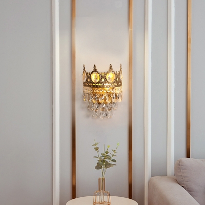 3-Bulb Teardrop Crystal Sconce Light Traditional Gold Crown Shaped Dining Room Wall Mount Lamp