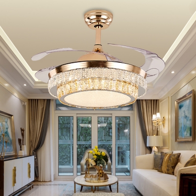 Brass Round 3-Blade Ceiling Fan Lamp Postmodern Crystal LED Semi Flush Mount Light