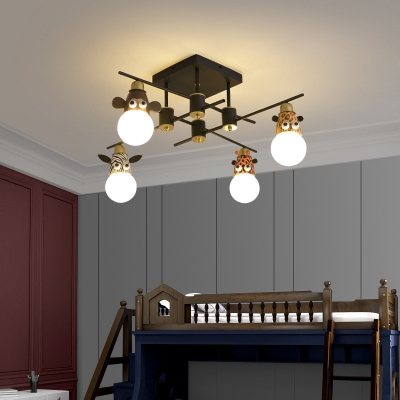 Creative Animal Head Semi-Flush Mount Ceiling Light Metallic Kids Bedroom Flush Light Fixture in Black
