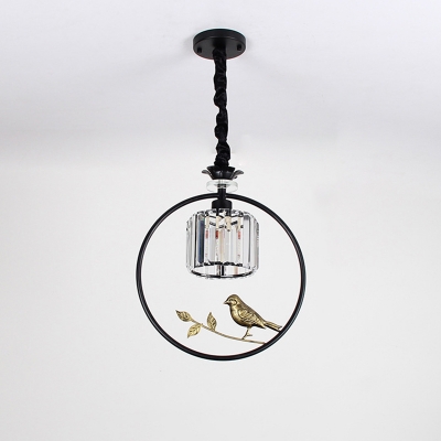 Crystal Cup Shaped Down Lighting Pendant Rural 1 Head Dining Room Hanging Light with Bird and Ring Deco