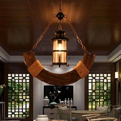 Distressed Wood Ship Shaped Ceiling Light Country Clear Glass Single Restaurant Pendant Lamp
