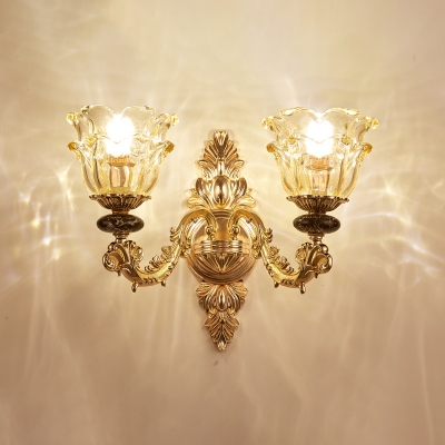 Floral Wall Lighting Traditional Gold Clear Carved Glass Wall Mount Lamp for Bedroom