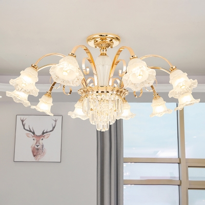 Frost Glass Bell Flower Chandelier Traditional Bedroom Pendant Ceiling Light with Clear Crystal Prisms