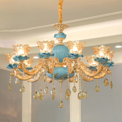 Glam Vintage Flower Chandelier Carved Glass Suspension Light in Blue with Crystal Ornaments