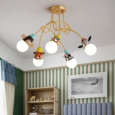 Gold Twisted Semi Flush Light Creative Kids Metal Ceiling Mount Lamp with Animal Socket