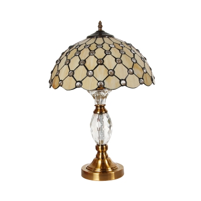 Hand-Cut Glass Trellis Table Lamp Baroque 1 Head Beige Night Stand Light with Crystal Font