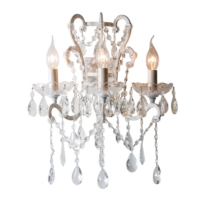 Metal Candle Wall Lamp Country 3-Bulb Dining Room Sconce Fixture with Crystal Drape and Scroll Arm