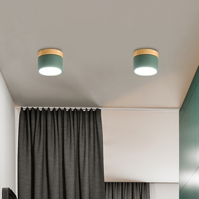 Mini Cylinder LED Flush Light Macaron Metal Living Room Flush Ceiling Light with Wood Accent