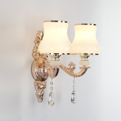 Opaque Glass Gold Wall Sconce Tapered Traditional Style Wall Mount Light with Crystal for Bedroom