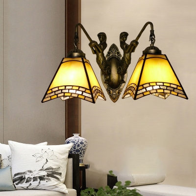 Pyramid Wall Hanging Light Mission Crafted Glass 1 Head Bronze Wall Sconce with Mermaid Backplate