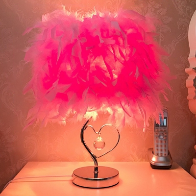Romantic Modern 1-Light Night Lamp Nickel Cylinder Table Light with Feather Shade and Crystal Drop