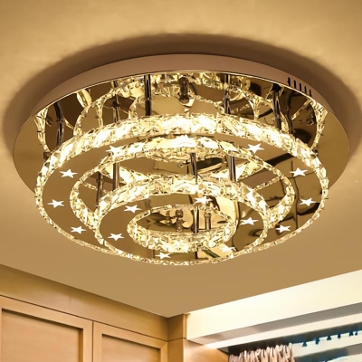 Stainless Steel Round Semi Flush Mount Lighting Modern Crystal Embedded LED Ceiling Fixture
