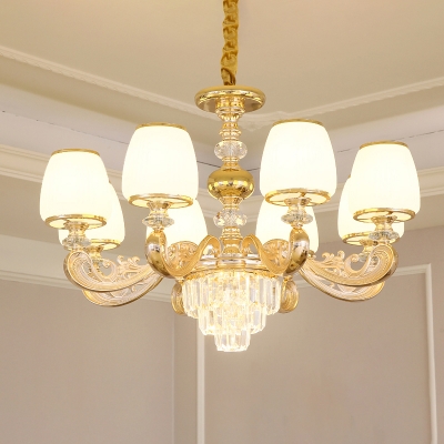 Tapered Living Room Chandelier Lighting Antique White Glass Gold Ceiling Light with Crystal Decor