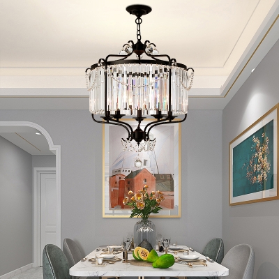 Tri-Sided Crystal Rod Black Chandelier Drum Shaped Traditional Style Pendant Lighting Fixture