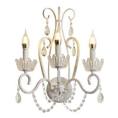 White Scrolled Sconce Lamp Antique Metal 3-Head Living Room Wall Light with Crystal Accent